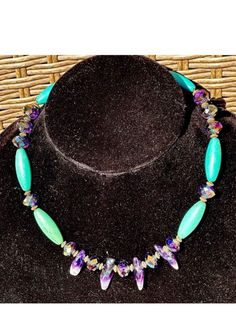 Amethyst Turquoise & Purple Crystal Beaded Necklace copper spacers 8“ beautiful